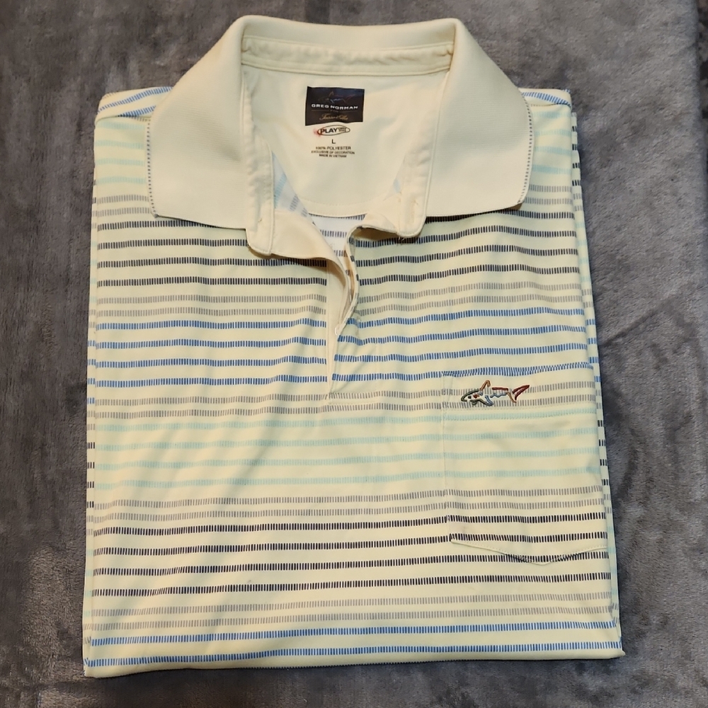 Greg Norman Collection Cream Polo with Blue & Gray Stripes
